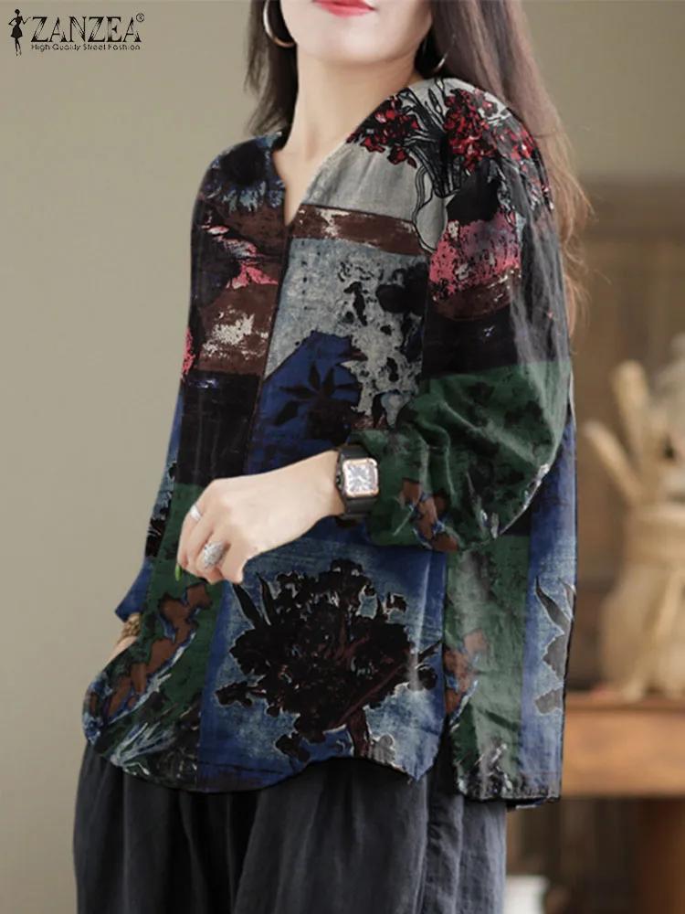 ZANZEA Fashion OL Work Blouse Bohemian Floral Printed Blusas Woman Long Sleeve V-Neck Tunic Tops Casual Loose Chemise Oversized